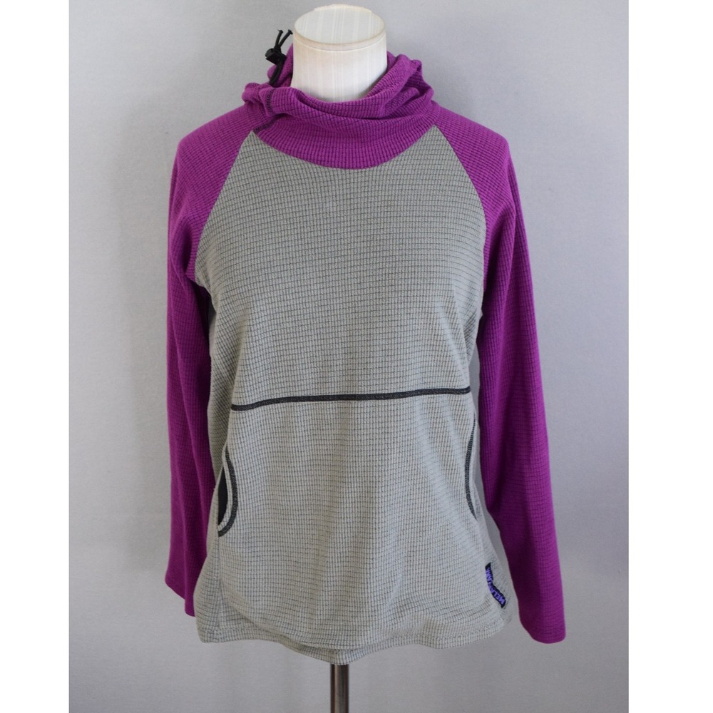 Melanzana Microgrid Hoodie Medium Gray Purple Waffle Fleece Womens Pullover